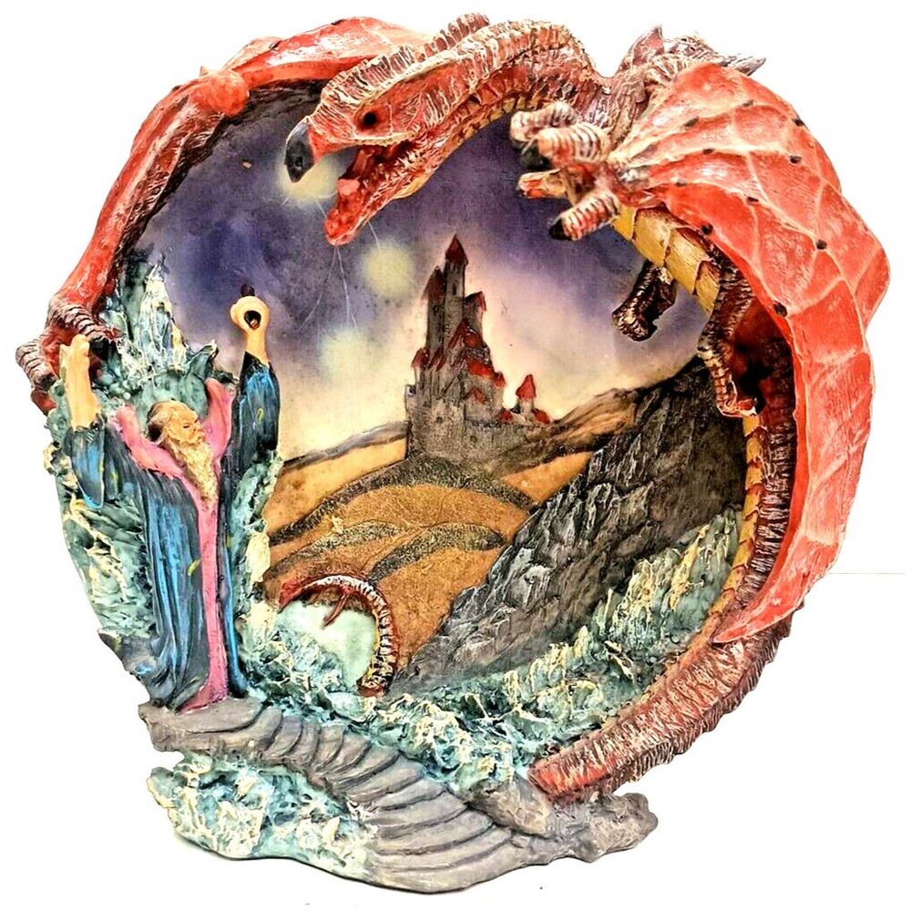 Medieval Legends 3D Ceramic Plate – Dragon & Wizard Fantasy Art Decor